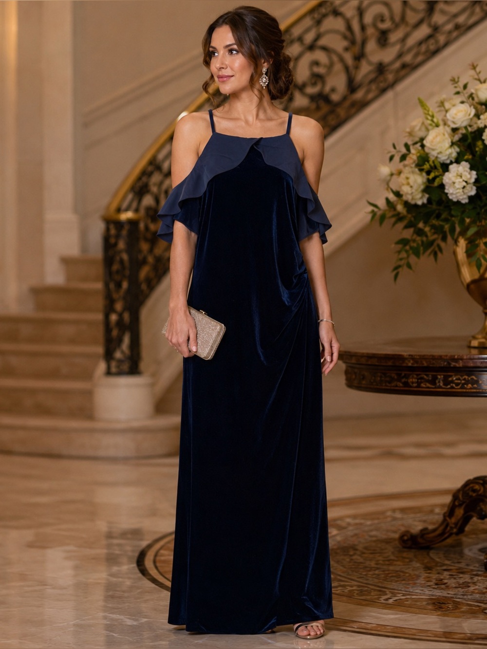 Lauren Ralph Lauren Navy Velvet Ruched Formal Maxi Evening Gown 14 Wedding Event
